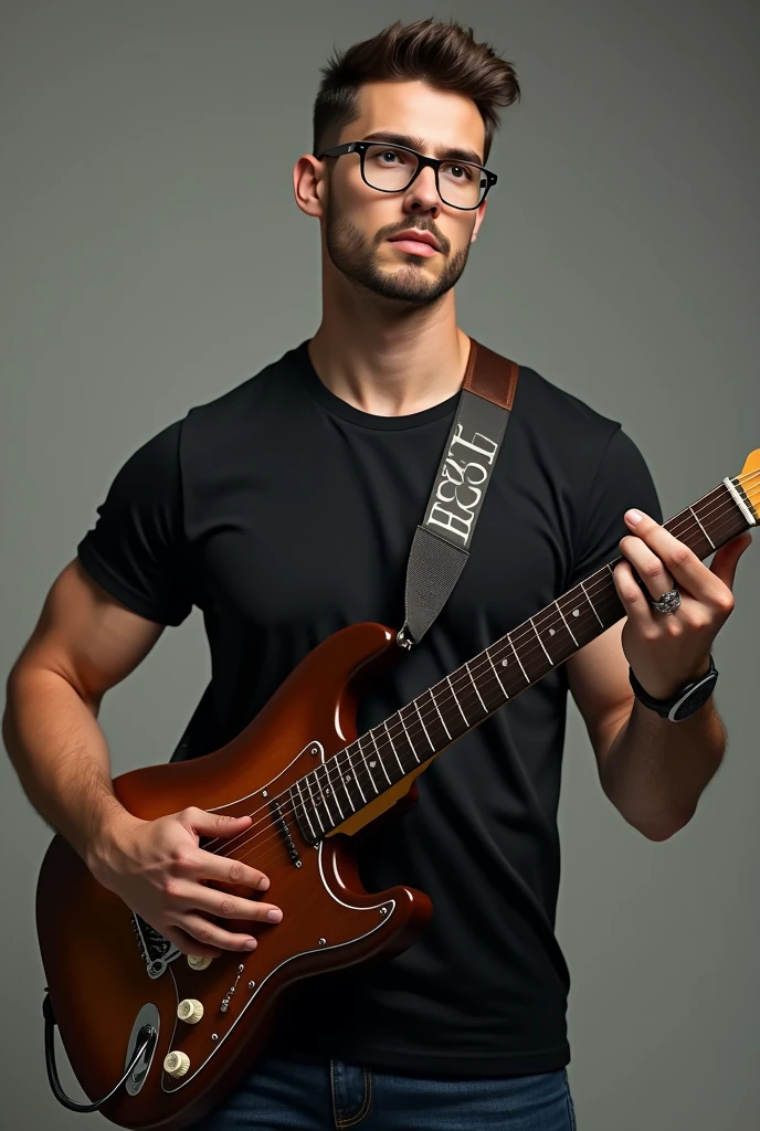 A handsome boy playing guitar, wearing ring on his middle finger wearing glasses and a black t-shirt and written SEAG on guitar t-shirt and ring with realistic text