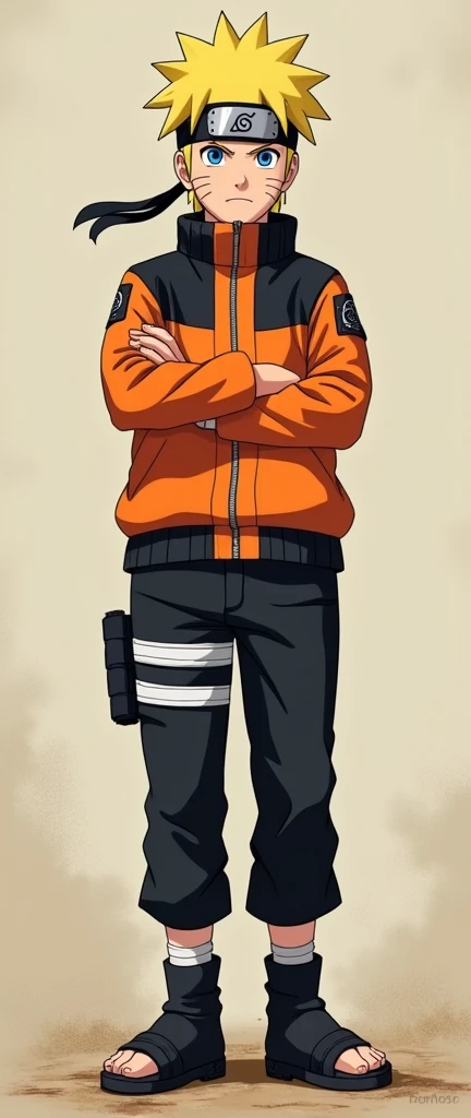 (masterpiece, best quality:1.2), cowboy shot, solo, male focus, 1boy Naruto uzumaki\(Naruto\), expressionless, closed mouth, looking at viewer, crossed arms, Yellow hair, blue eyes, orange jacket, shirt, black pants, sword