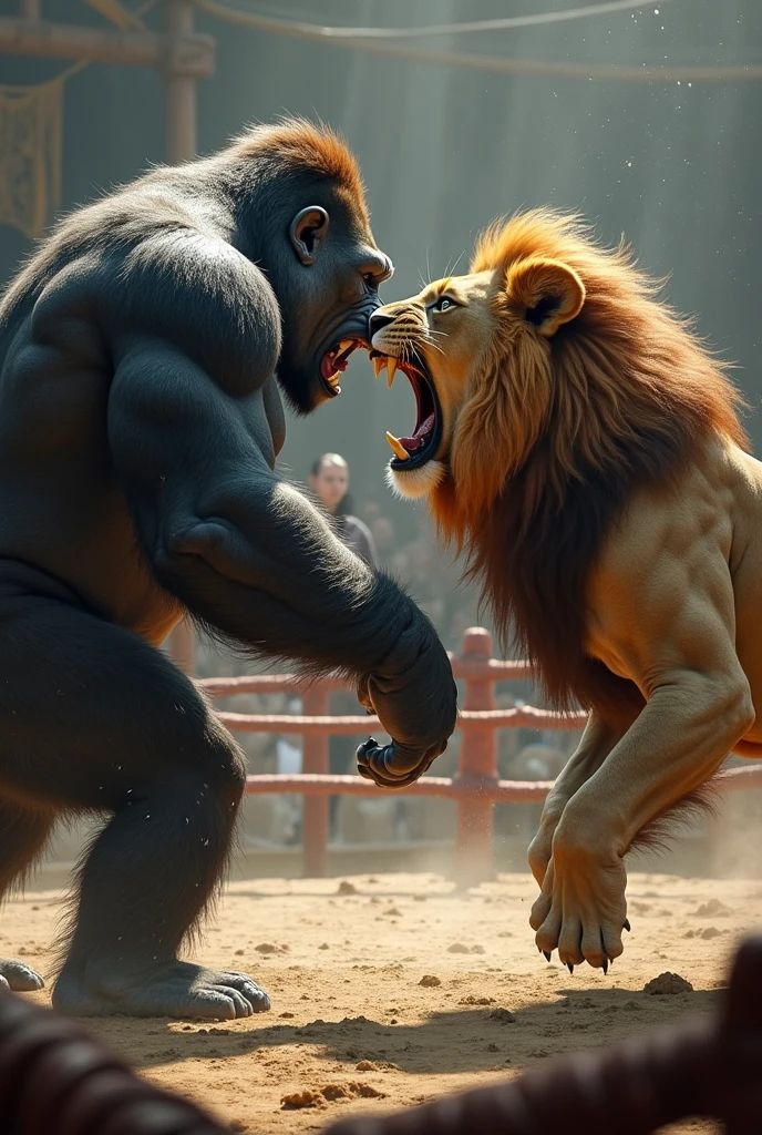 A gorilla and lion fight in the ring and human seeing there fight