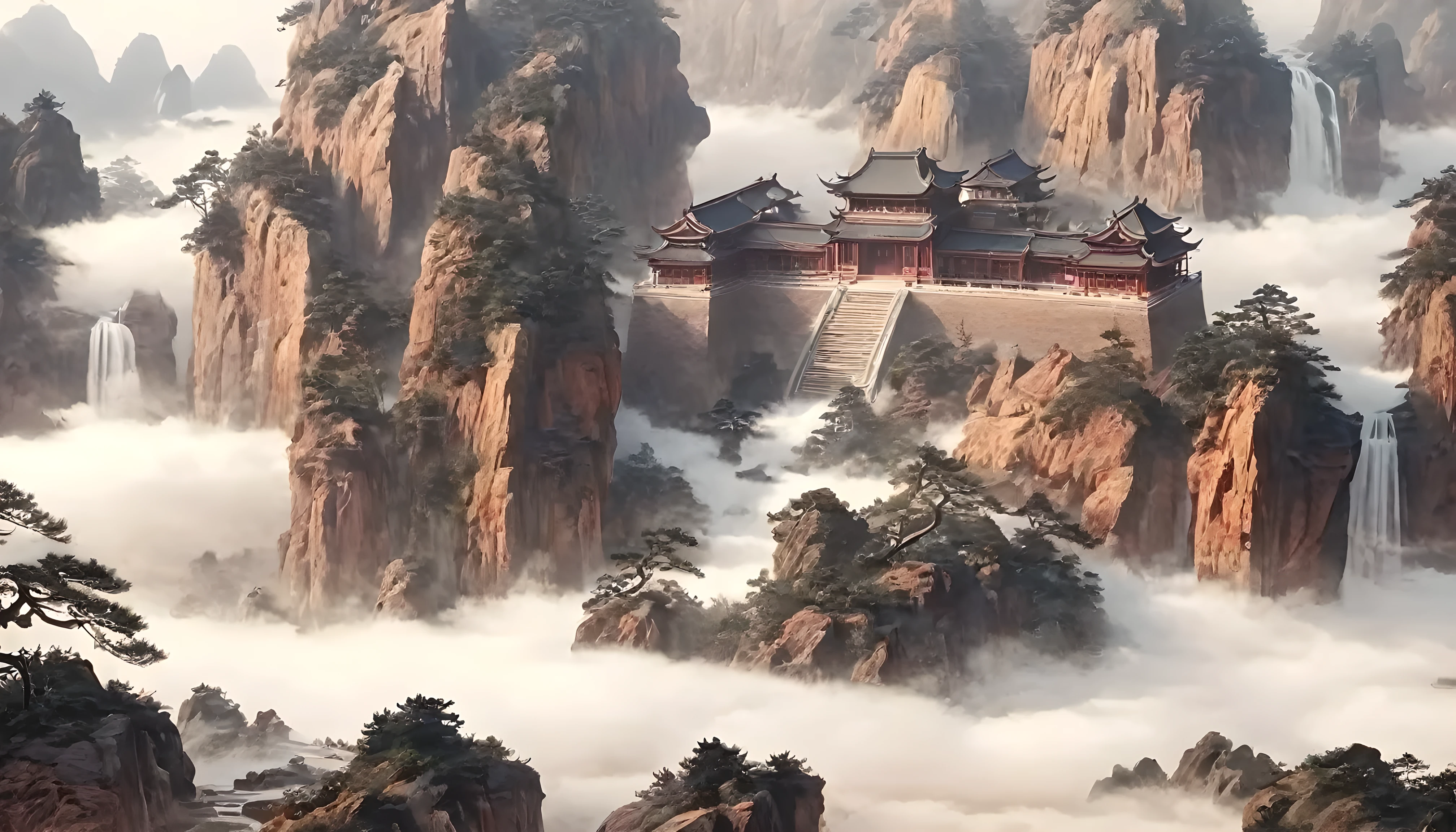 Chinese landscape painting，Landscape artistic conception，Zen Aesthetics，Zen composition，Ancient Chinese architectural complex，cloud，cliff，pine，fall，Elk，Rich in light，Takayama，Qingshan，The Minimalists，Extreme details，unmatched details，Special effect、Realism and exquisite details，Tyndall effect