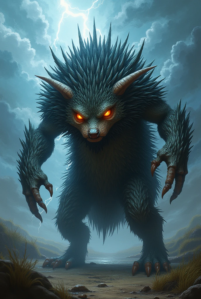 Make a hedgehog and draw him as an evil Thunder God, a little bit realistic and a little bit fantasy., make it a little humanoid

