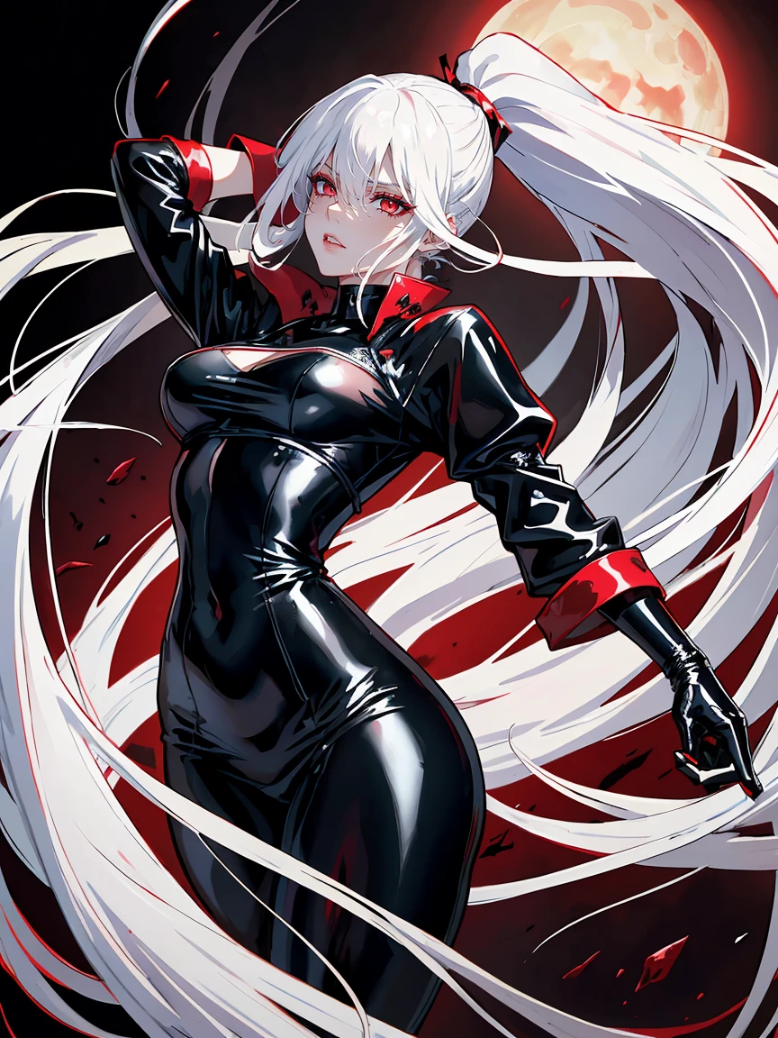 Long white hair, crimson eyes, evil, sexy, black and red clothes, evil face, evil, serious look, gloss lips, sinister, front look, bloody, gloves, close up, portrait, beautiful eyes, big white, dark place, night, sensual, straight hair cut, clear skin, evil, young 30 years girl, adult girl, solo, red, very long hair, ankle length hair, handsome older WOMAN,crimson-eyes,crimson pupils,Long white hair,Hyperresolution,accuracy,Detailed rendering,(Image of fine hair)(topquality)(Masterpieces of masters)(High degree of completeness)(A sense of atmosphere)tmasterpiece,Super detailed and super detailed(((full-body)))(((Sexy black latex outfit)))(((Hair tied back in long ponytail))) (((Bangs))) (((Thick ponytail)))