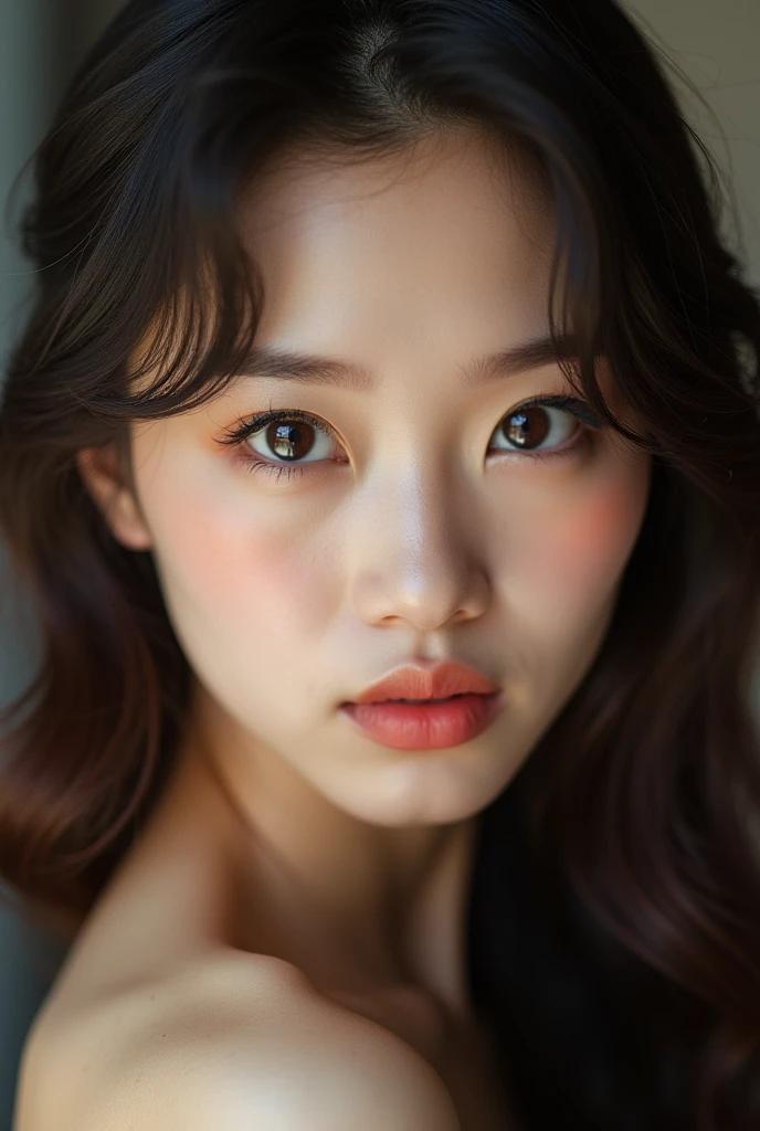 Close up of Asian woman's upper body, Her eyes are full of charm., Slightly shaking eyelashes, Lips painted in a captivating peach pink, Show off her sensuality and confidence.