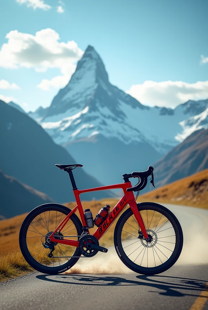 Red bike on the road and mountai
n 