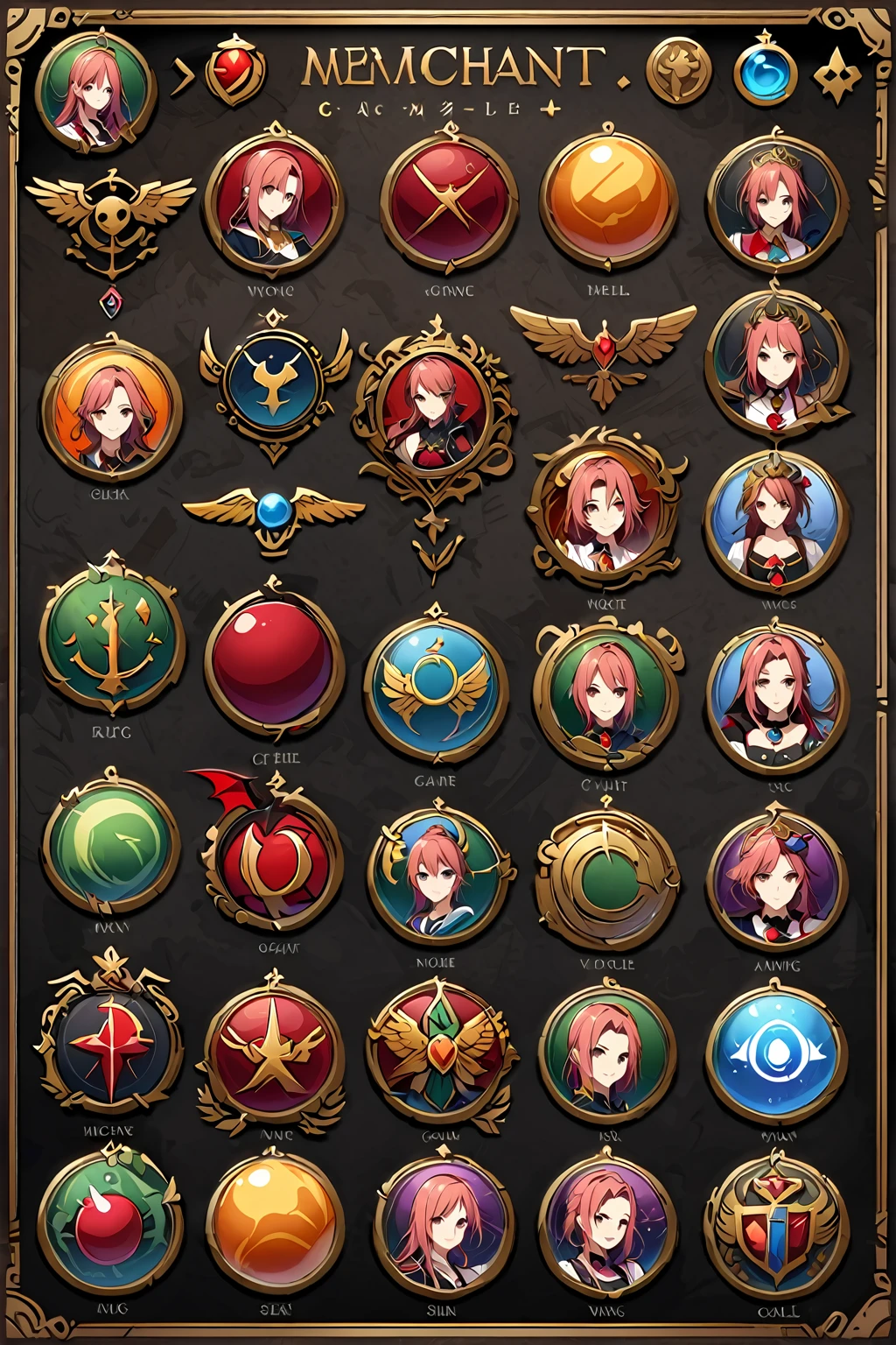 Framed Presentation of a merchant, woman character design sheet for a video game with detailed accessories, boots, multiple icons, and merchant dresses, Ball Gown, buttons to customize the character to your liking, sphere,(game icon),medal icon,rpg,(wing icon),(angel icon),((vampire icon)),((pink icon)),
