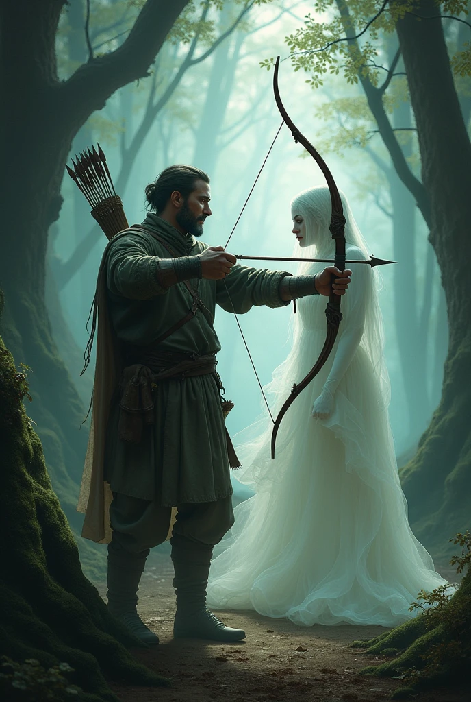 generate a hunting archer with only one arm and one eye holding the handle of a bow while his wife's ghost pulls the string of his bow to shoot the arrow
