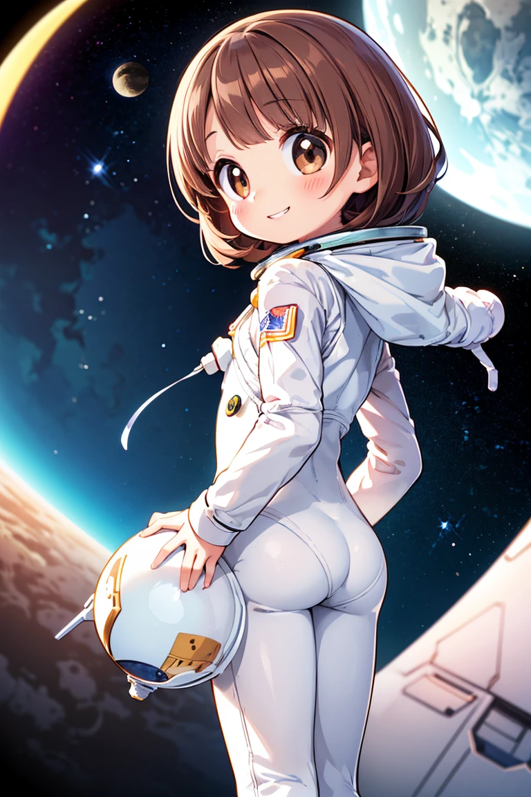 Beautiful illustration, best quality, cute girl, ((In space, on the moon)), ((Standing)), pastel color, natural tones, ((Brown hair)), ((Cute girl)), ((Looking back at viewer)), ((Slender body)), ((Astronaut suit)), ((Grin)), (Blush), bright lighting, ((Big eyes)), ((V-sign)), ((Perfect hands))