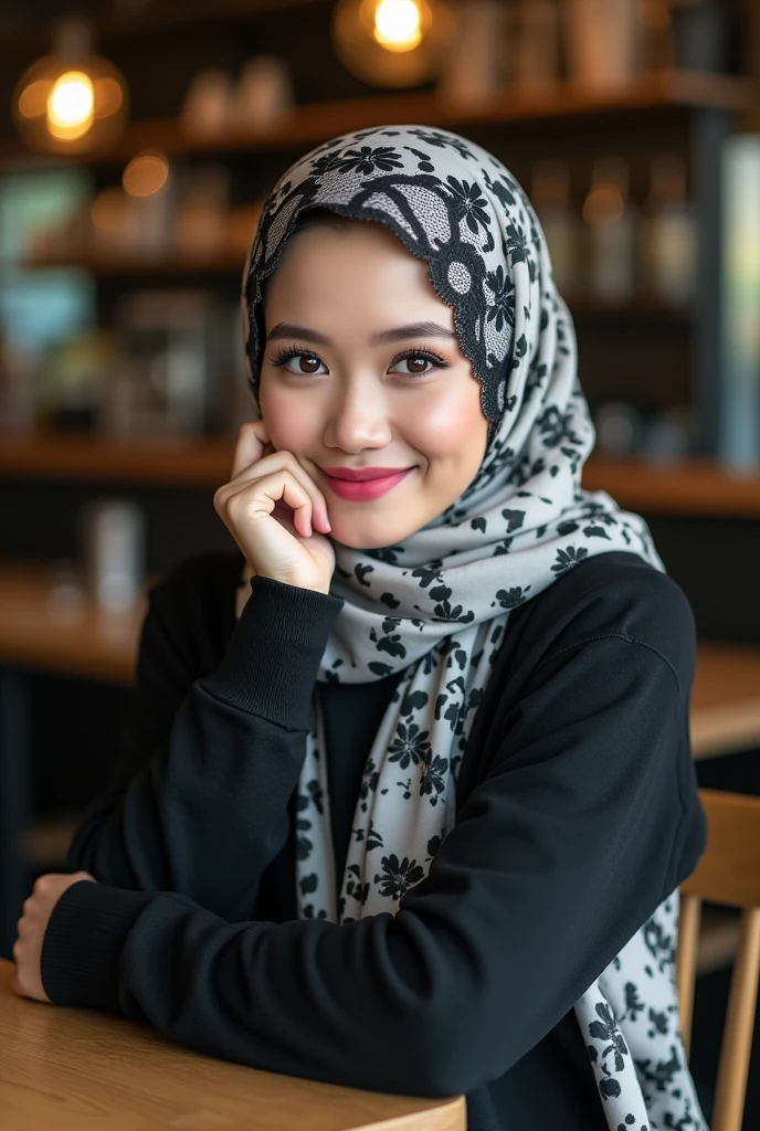 Hijab , portrait half body shoot 1:2 , holding face. One hand on table. Dominance smile. Perfect theeth.shoot by canon r6 Godox v1 Speedlite. Lace hijab. Wear minimalist flower hijab. Girl average 2. Samo matang skin. Upturned eyes. Heavy make up. Perfect hijab. Cafe background.cyberpunk dress hoodie white black.holding man hand. pink lips, snube nose big. Beautiful eyesbrow, long lashes. Brown hazel eyes.. chubby face. Indonesia girl nose. Hidung pesek. small pimple lot on skin. Dry skin. Very cute.