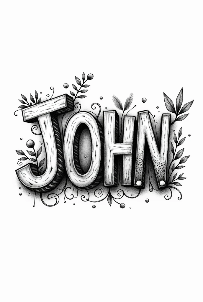 doodle of the name john but make it more artistic and creative only in black and white 