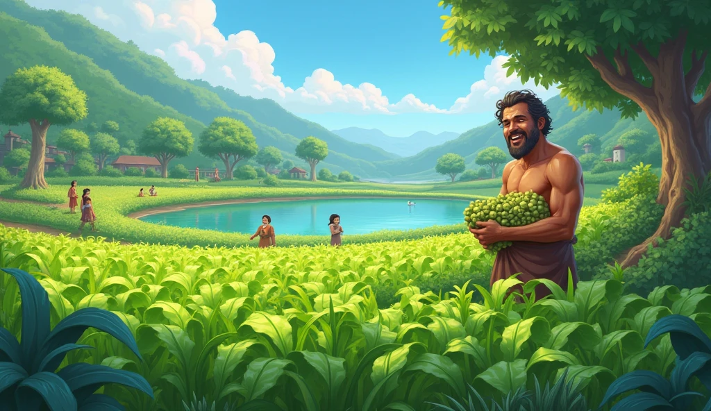 "Depict the village field after the drought, now fully rejuvenated. The crops are lush and green, and Ramu is happily tending to them. The pond in the background should be full, reflecting the success of their efforts. Villagers can be seen in the distance, admiring the revitalized fields."