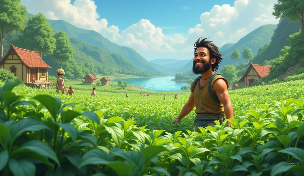 "Depict the village field after the drought, now fully rejuvenated. The crops are lush and green, and Ramu is happily tending to them. The pond in the background should be full, reflecting the success of their efforts. Villagers can be seen in the distance, admiring the revitalized fields."
