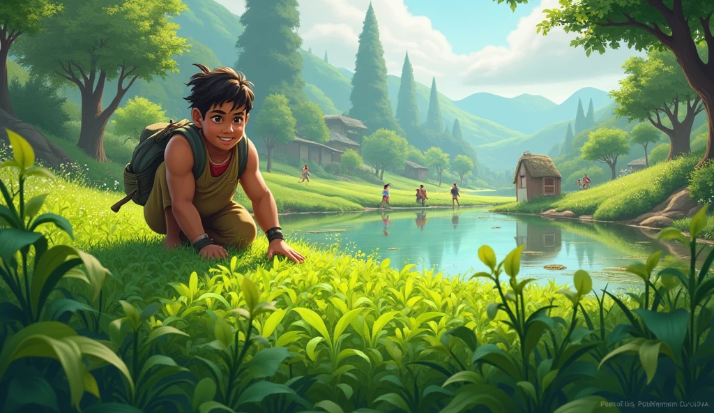 "Depict the village field after the drought, now fully rejuvenated. The crops are lush and green, and Ramu is happily tending to them. The pond in the background should be full, reflecting the success of their efforts. Villagers can be seen in the distance, admiring the revitalized fields."