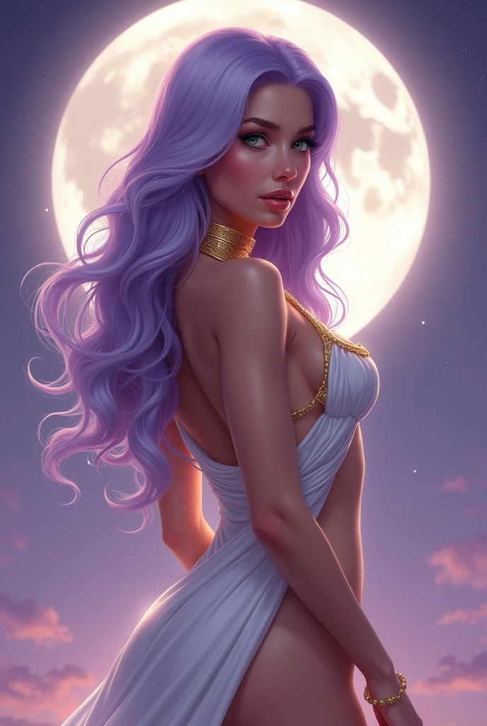 An American Girl, Realistic green eyes, Long light purple lilac hair, big , big chest, neckline, Wrapped in white cloth with gold accessories., gold jewelry, high cheekbones, close up, masterpiece, Best Quality, looking at the viewer from behind over the shoulder, thick lips, Left facing,  purple sky with soft stars with bright big full moon directly behind woman, away, Whole body