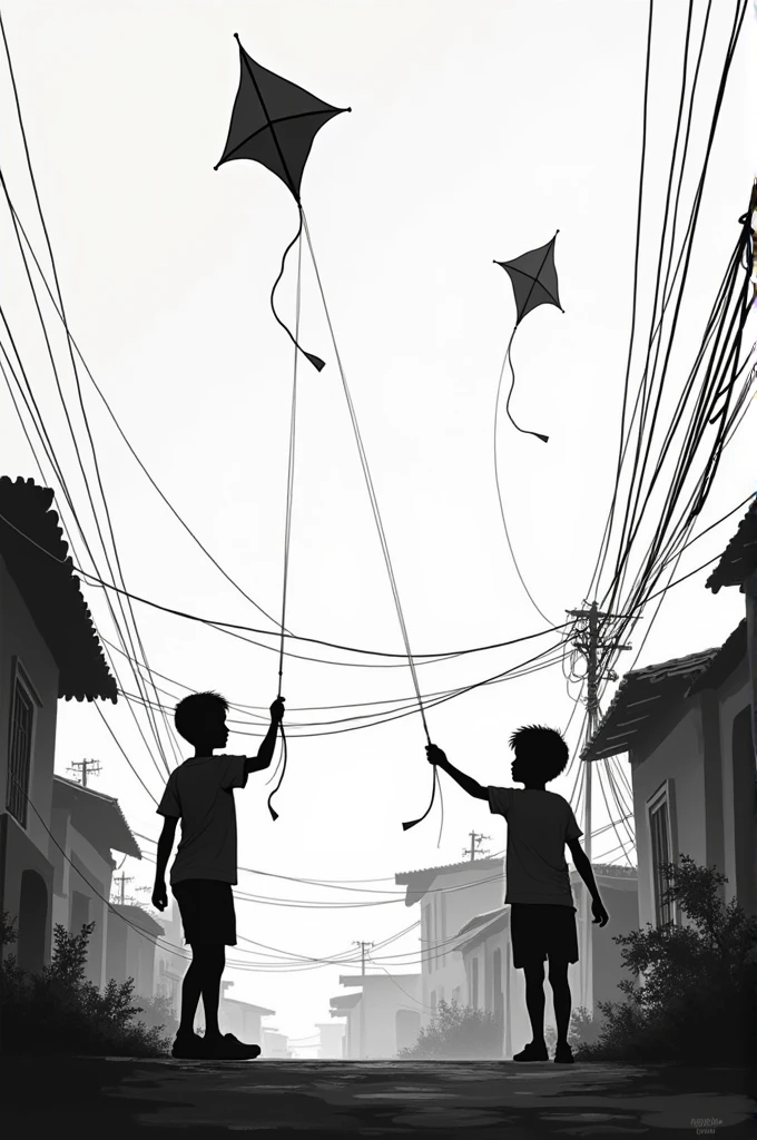 Black and white lines, two boys flying kites in the favela only the lines
