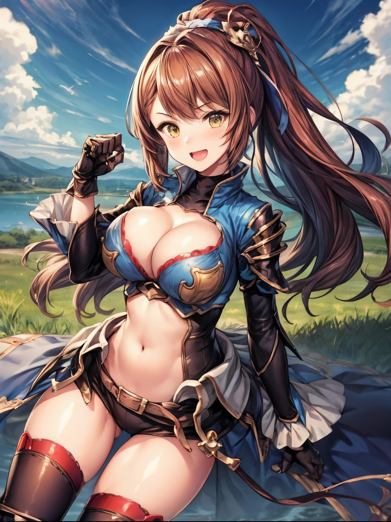 masterpiece, best quality, 1teen_girl,def,beatrix, ponytail, hair ribbon, gauntlets, blue shirt, gloves, cleavage cutout, looking at viewer, big_smile, large breasts, sky_landscape_background ,,happy,covered_nipples,young_teen,full_of_beans,,laugh,blush,open_mouth,thigh-highs, glower,open_legs,rise_knee,(angry:0.8)