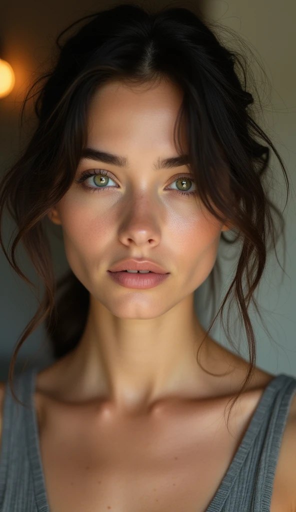 A close-up portrait of a young woman with fair skin, dark brown hair, and green eyes. She has natural makeup with defined eyebrows and soft lips. She is wearing a gray tank top, and the background shows a softly lit indoor environment. The woman has an expression that is calm and slightly serious, with her hair slightly tousled, giving her a casual and natural look.