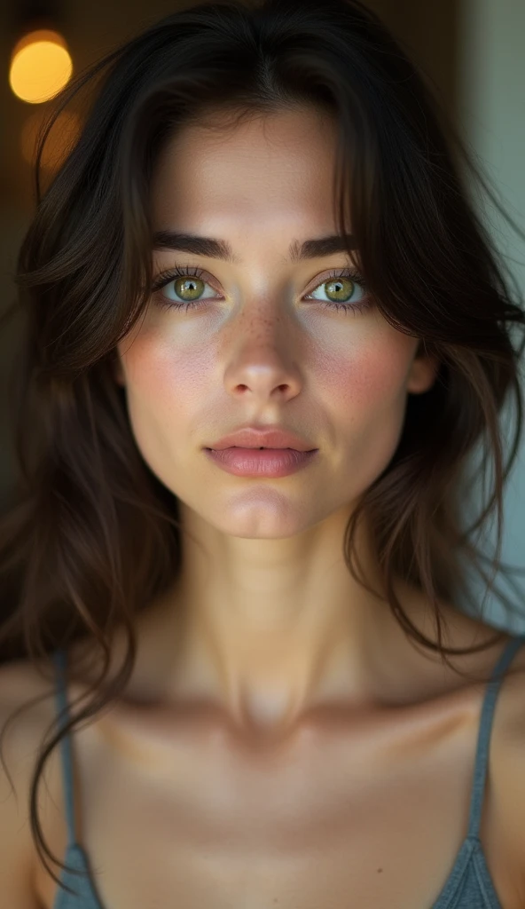 A close-up portrait of a young woman with fair skin, dark brown hair, and green eyes. She has natural makeup with defined eyebrows and soft lips. She is wearing a gray tank top, and the background shows a softly lit indoor environment. The woman has an expression that is calm and slightly serious, with her hair slightly tousled, giving her a casual and natural look.