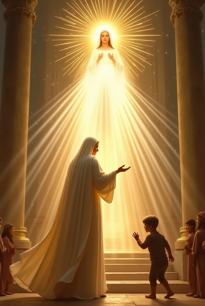 Create an image where the promise of  the virgin of  fatima (whose appearance is  more brilliant than the sun, and
radiated a light more clear and intense than a crystal glass filled with
sparkling water, when the rays of the burning sun shine through it) was kept by a young male sinner and she  is saving his soul at heavenly court( which is, as it follows  the Lord seated on a high and lofty throne,a with the train of his garment filling the temple. ), and Our Lady  opening her hands,
communicating him a light so intense from her hands that, as it streamed from
her hands, its rays penetrated his heart and the innermost depths
of his soul, making him see himself in God, Who was that light,
more clearly than he sees himself in the best of mirrors

