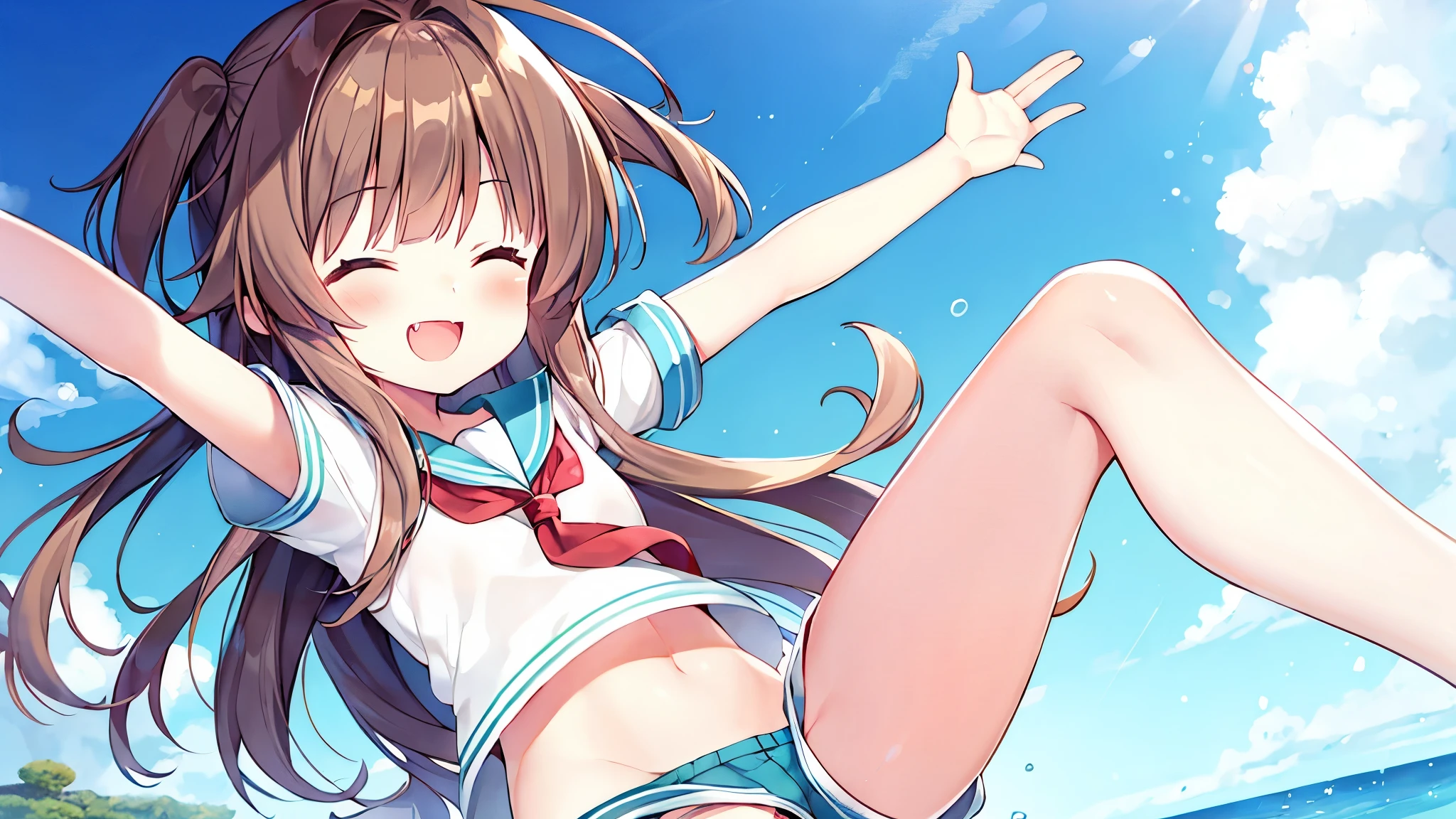 ung_teeirl, brown_hair, long_hair, sailor_uniform,white_ baggy_shorts, short_sleeve, thighs, small_breastsmile, open_mouth, fang, harbor_landscape_background, slightly_spread_legs, happiness, covered_crotch,ahoge,XD,exciting_posing,closed_eyes,solo,