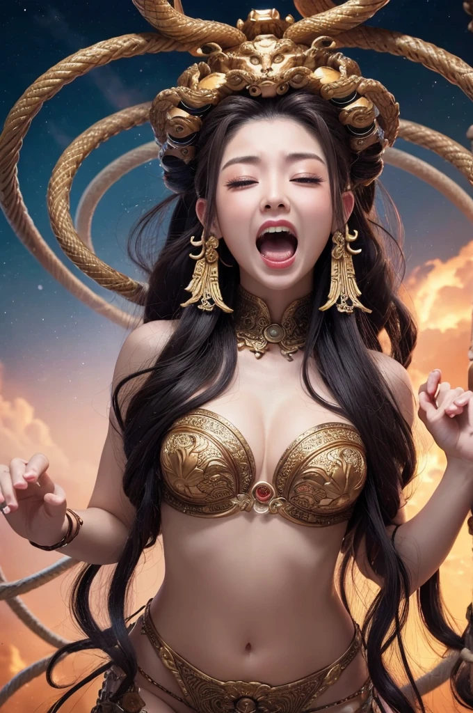 ((Highest quality)), ((masterpiece)), (detailed),A whole body floating in the air、Head of Medusa、A beautiful and cute female Thousand-Armed Kannon with many hands.、Realistic face with mouth wide open yelling、Angry all over