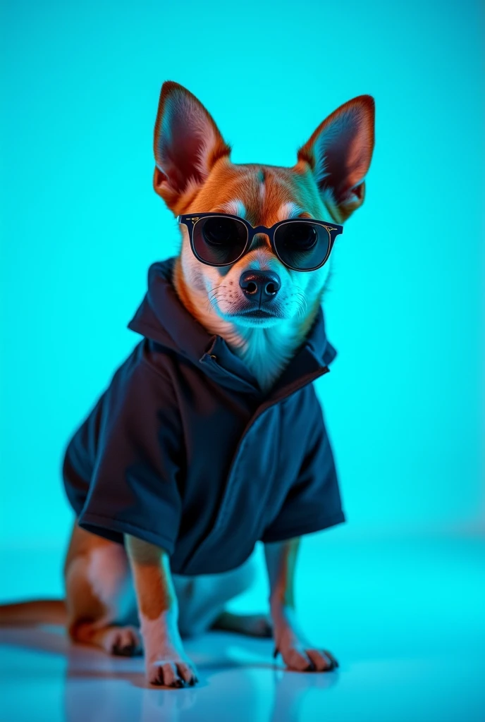 The best cell phone wallpaper, Award-Winning Wallpaper, portrait photography, In the front view is a portrait of a cute dog wearing mid-1960s space age fashion, Side view photo, Shot with Canon EOS R5, Set a strong contrast that accentuates the subject, Fluorescent blue tone, Wearing a very modern coat and sunglasses is a modern 1960s style, Clothes all in one color, beautiful background
