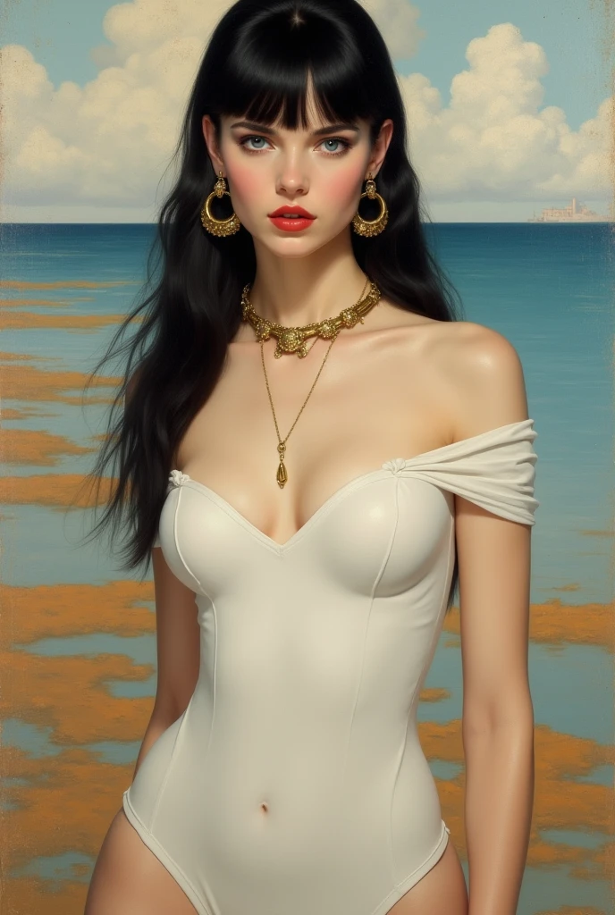 Realistic painting by Adolphe William Bouguereau: An extremely beautiful woman wearing a very tight outfit that accentuates her curves, pale white skin, bright blue eyes, red lips, extremely straight black hair with long bangs, large gold earrings and necklace, white short sleeve top and white short skirt, in the background a lake with orange tones and blue sea with clouds, light porcelain texture