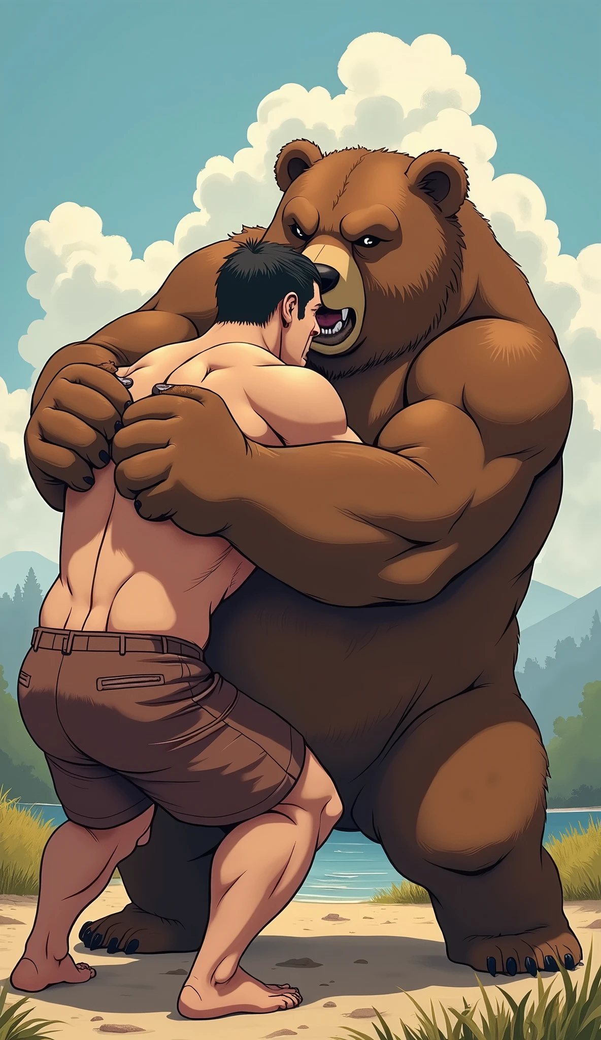 (8K, high definition, high quality, highly detailed) Handsome hermit. Chubby. hyper-masculine. hairy body. hairy armpits. naked. thick veiny penis. wet face. wet body. bear ears looking up in the sky. eyes closed. Knee up shot. Surrounded by bears. raining. he is totally drenched. Forest background. blurred background.