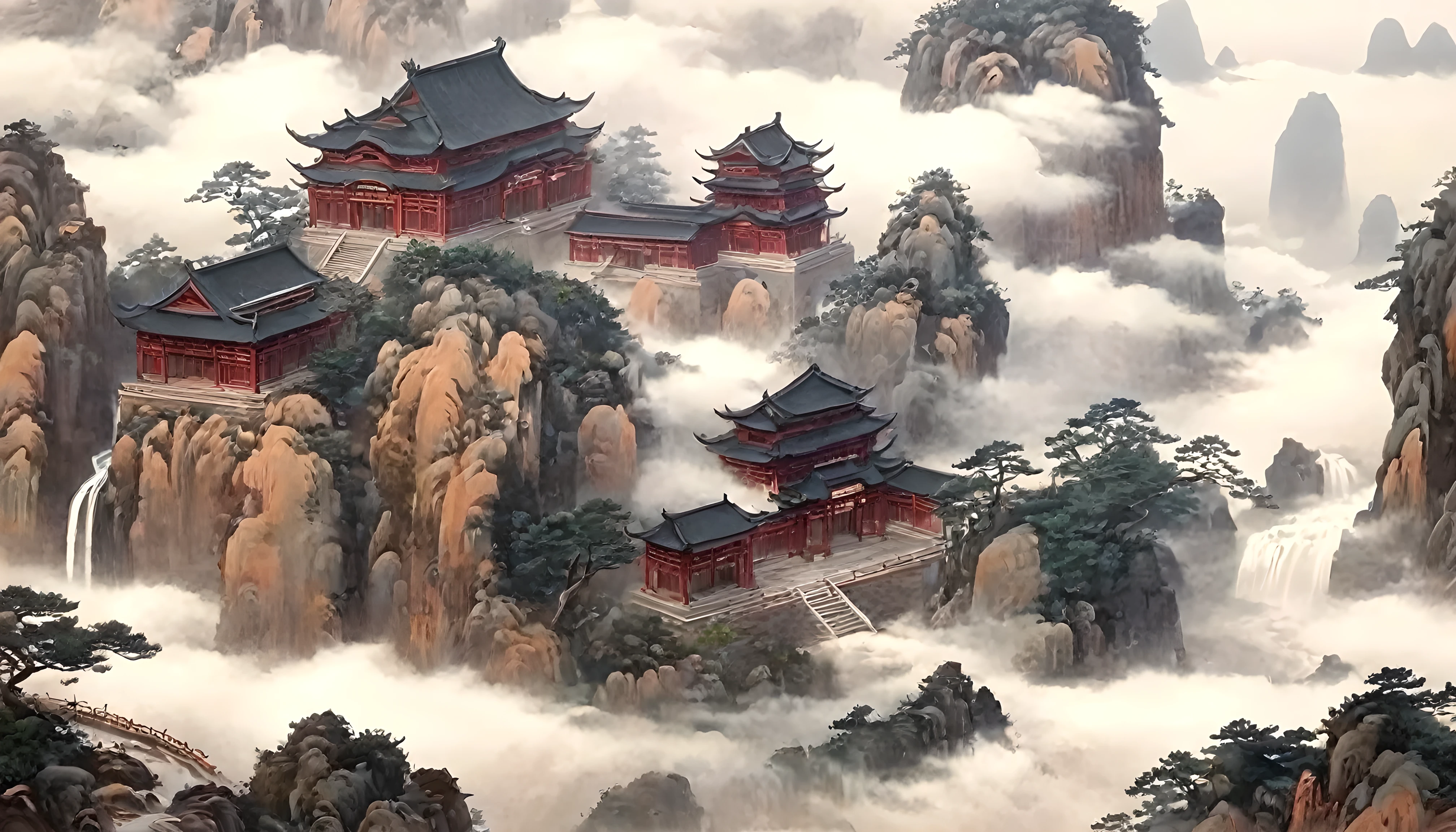 Chinese landscape painting,Landscape artistic conception,Zen Aesthetics,Zen composition,Ancient Chinese architectural complex,cloud,cliff,pine,fall,Elk,Rich in light,Takayama,Qingshan,The Minimalists,Extreme details,unmatched details,Special effect、Realism and exquisite details,Tyndall effect