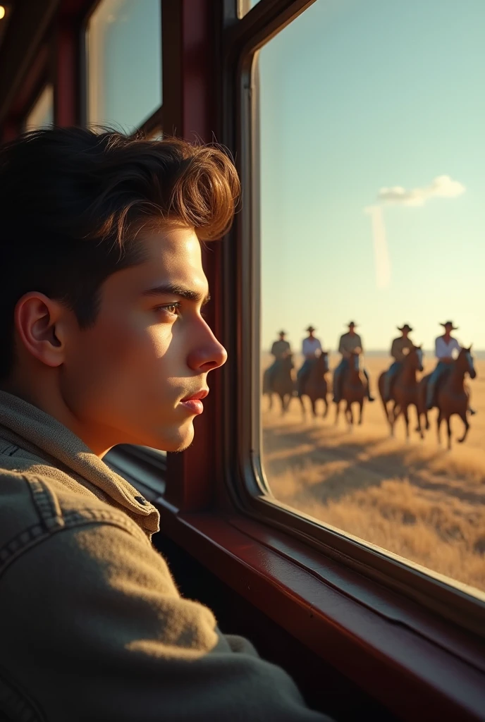A young cute handsome beautiful man on a train looking out from the train window 5 cowboy rider
