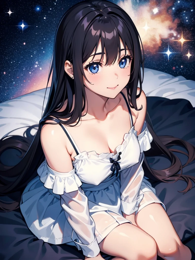 girl, cute, lovely, from above, from chest to head, looking up at here, looking at you, smile, shy, straight hair, long hair, black hair, sitting like a girl, bedroom, night, starry sky, camisole