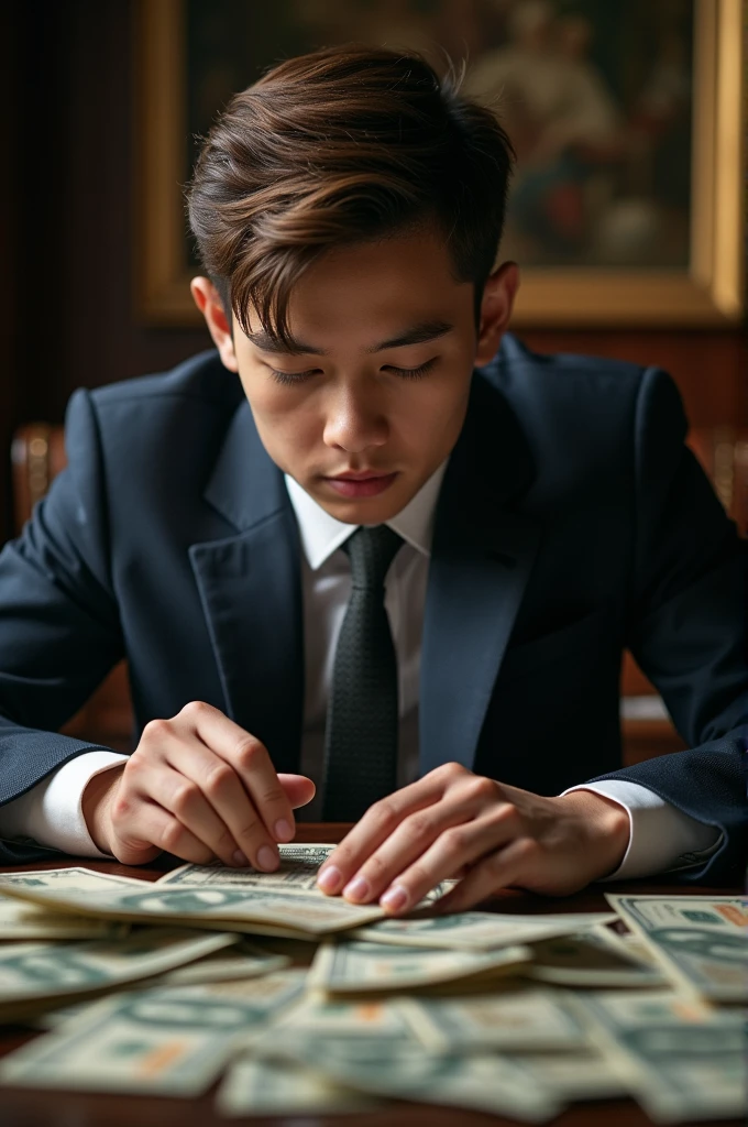 Young man counting a lot of money