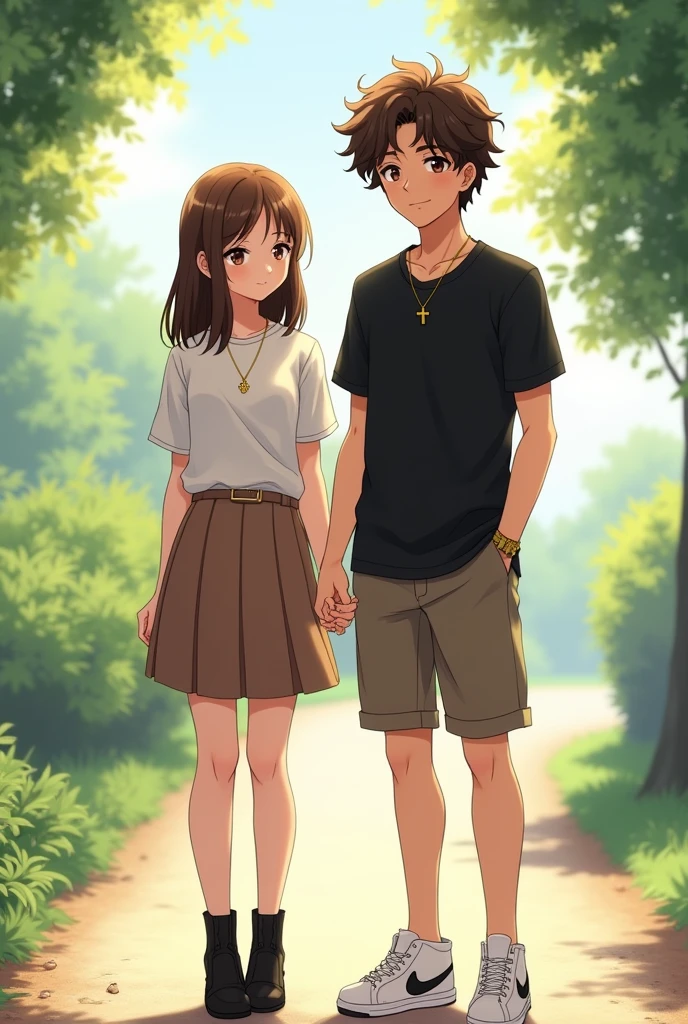 In realistic anime , You see a girl with straight brown hair that is not very long, has brown eyes, Her light brown skin is wearing a pleated skirt with black ankle boots and a white blouse. She is someone who is very smiling.. She has her hand linked with a boy with brown curly curls, with brown eyes, light brown skin, wearing Bermuda shorts and white Nike tennis shoes with a black t-shirt with a gold cross-shaped chain and a shy personality. They are a age couple