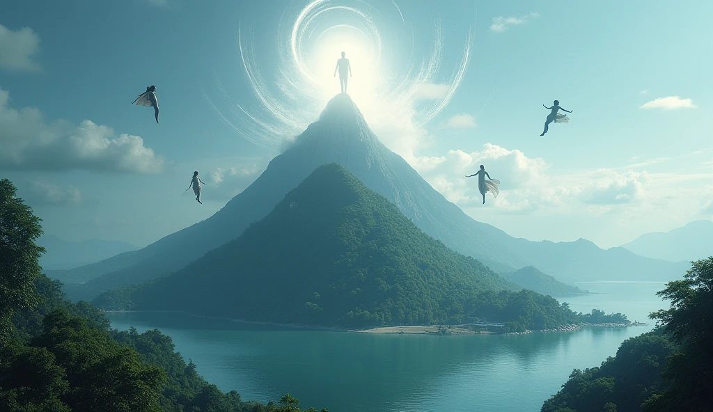 Ternate island, Maluku, Indonesia with an abstract white light on the top of the mountain that stretches straight towards the sky, there are many people flying around the peak