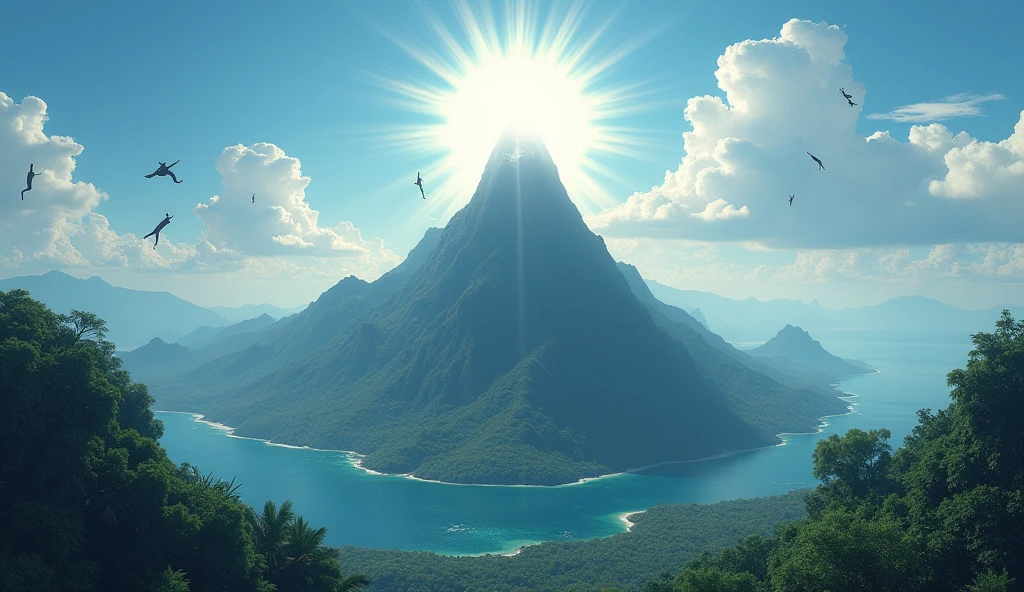 Ternate island, Maluku, Indonesia with an abstract white light on the top of the mountain that stretches straight towards the sky, there are many people flying around the peak