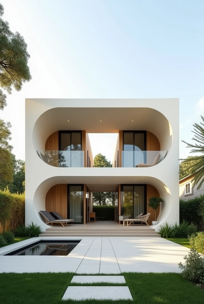 A 2 storey modern cream white house that has 2 round corners but rectangular in the middle with open space in it