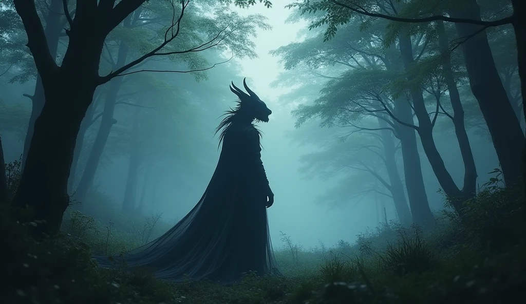 zzz a silhouette of a League of Legend creature in the myst in middle of the forest. Intricated clothing. Cinematic Fantasy sci-fi landscape background