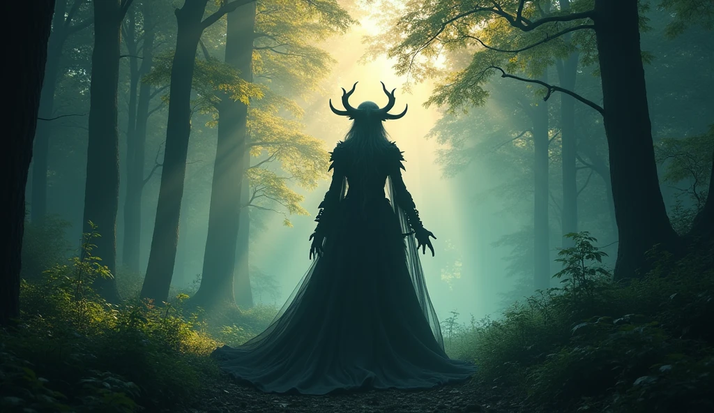zzz a silhouette of a League of Legend creature in the myst in middle of the forest. Intricated clothing. Cinematic Fantasy sci-fi landscape background