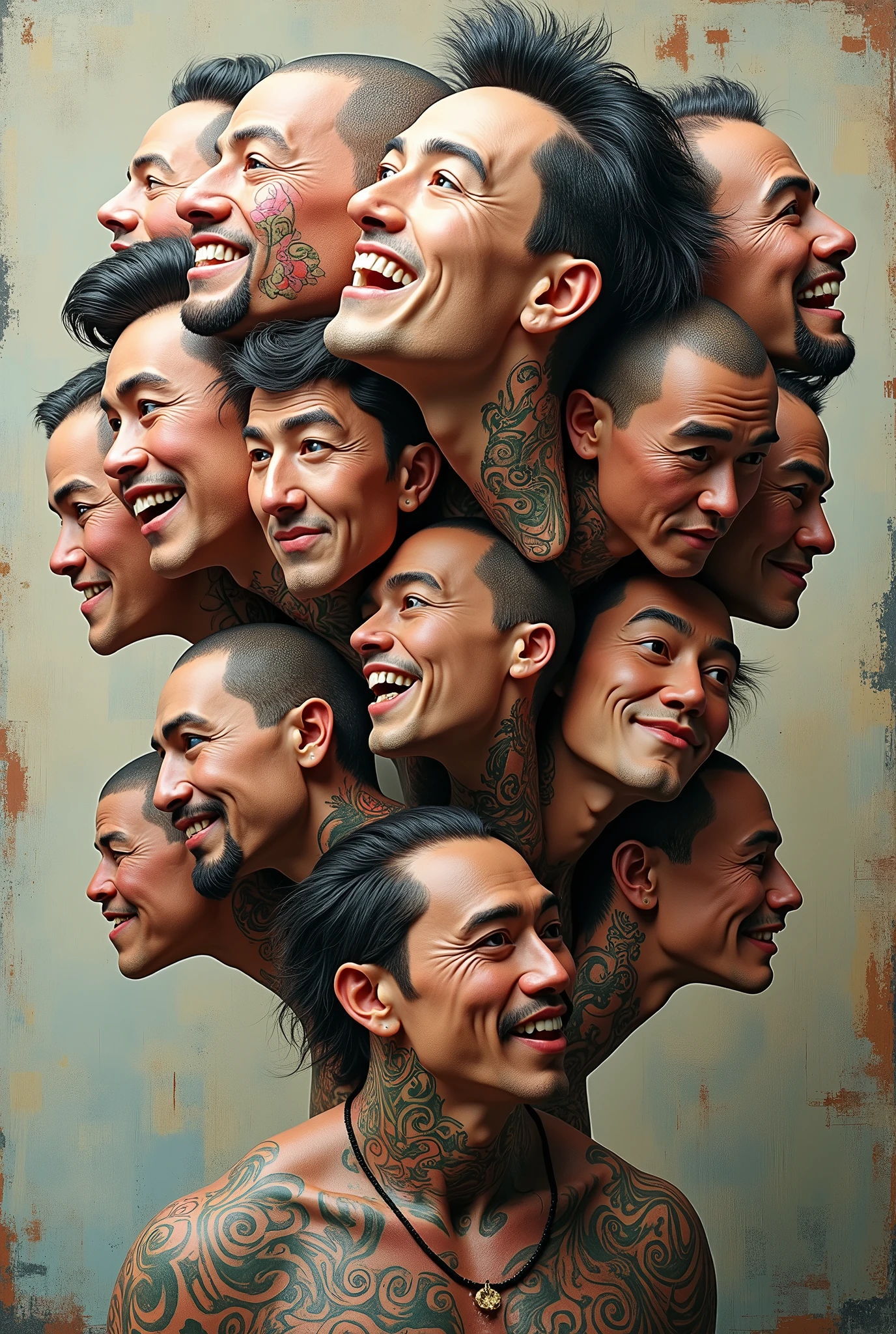 Expressionist artwork images of multiple floating ceramic heads of heavily tattooed asian men, 3d collage style, make it weird and gallery worthy
