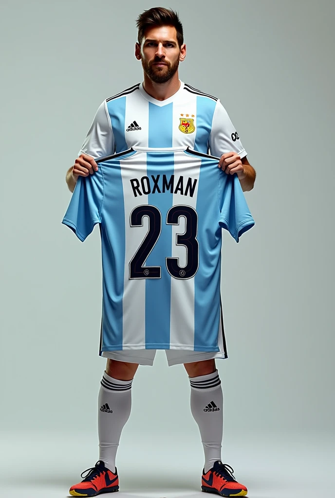 Messi holding the football shirt with the name Roxman and number 23 