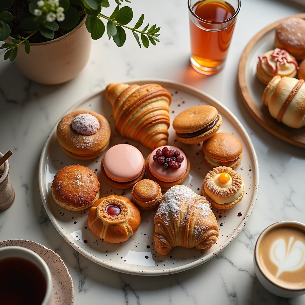 "Top-down photo of pastries set on a plate, aesthetically pleasing, with some drinks visible nearby, in a café setting, with no people present."