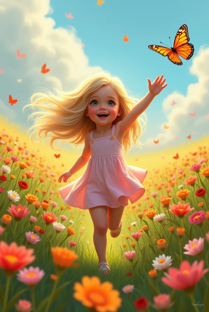 Digital hyperrealistic art, a field with beautiful flowers in the background with a beautiful girl of about 0 with blonde hair and running chasing a butterfly