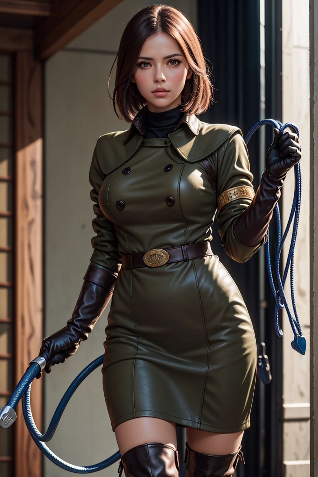 (Best image quality, highest quality, Highest Resolution, Ultra-Realistic Images, Very detailed, masterpiece, 8k), One Woman, Brown medium hair, Khaki military uniform, Leather gloves, Leather boots, ((With a blue whip)), big Breasts, blush, serious look, Dynamic pose, Browsing Caution, half body, perfect face, defined body,