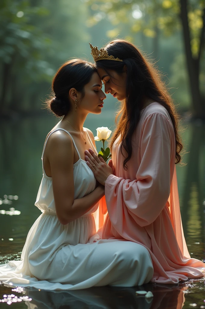 a transgender woman, white-skinned, Hispanic appearance, approximately 42 years, very short hair at nose level, little breast, white and light clothes, brooding, on his knees, near the source of a calm river, with a white rose in his hands next to his chest, without realizing that she is being touched on the head in a very respectful and loving way by a beautiful divine feminine being, of BLACK skin, long  hair, with a humble crown, pink flowing clothes, Pure appearance, innocent, in the middle of the virgin forest, at dusk, with reddish and yellow sky, under a thick and beautiful fog, with a beautiful and calm yellow snake on his shoulders.