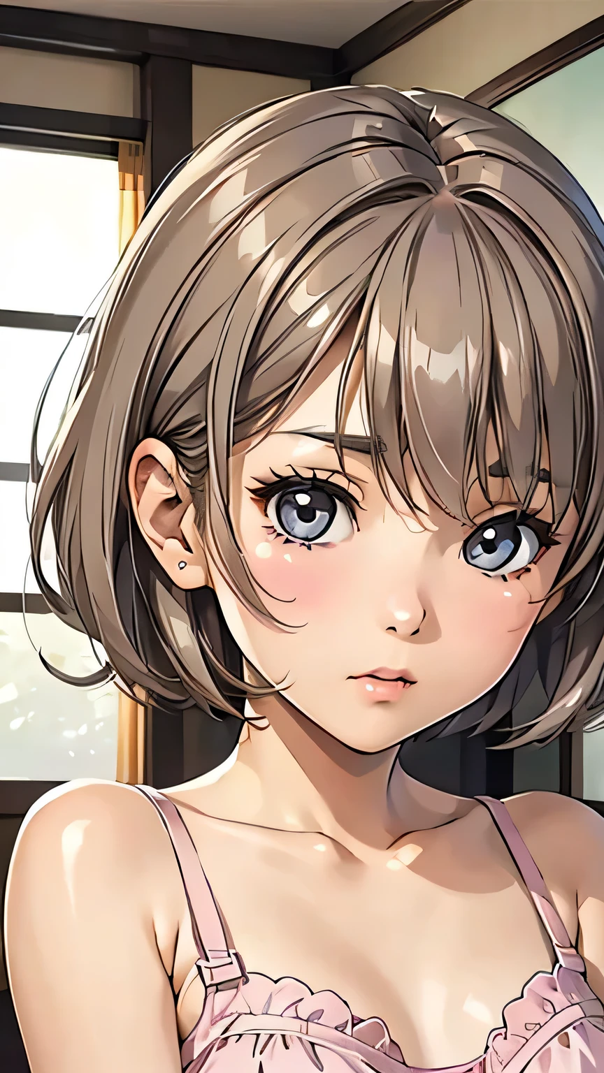 Highest quality、Realistic、、Japanese、zoom、Mature Woman、60s、cute、Bedroom、Grey Eyes、Light brown hair、short hair、Pink Bra、Bink's Panties、Face close-up、thin、Small breasts、Pouting、