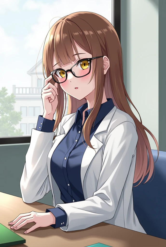 girl with yellow eyes with glasses sitting beside window with desk, (hair swept bangs:1.3), (long brown hair:1.3), 1girl, solo, long hair, breasts, looking at viewer, blush, bangs, brown hair, shirt, long sleeves, medium breasts, sitting, closed mouth, purple eyes, jacket, upper body, sky, glasses, day, collared shirt, indoors, black shirt, window, dress shirt, chair, black-framed eyewear, labcoat, adjusting eyewear