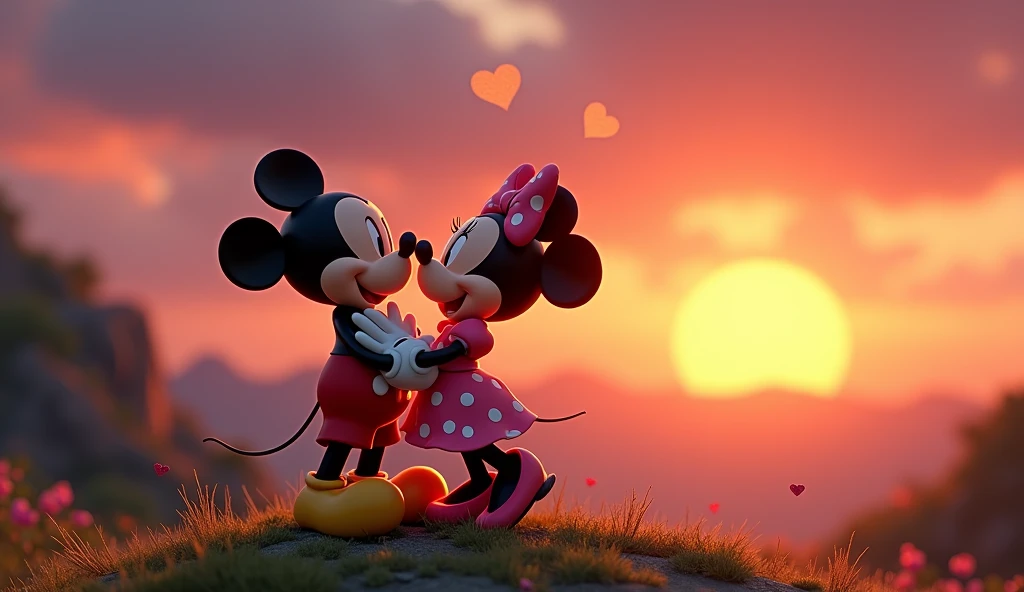 Mickey and Minnie Mous in love at sunset