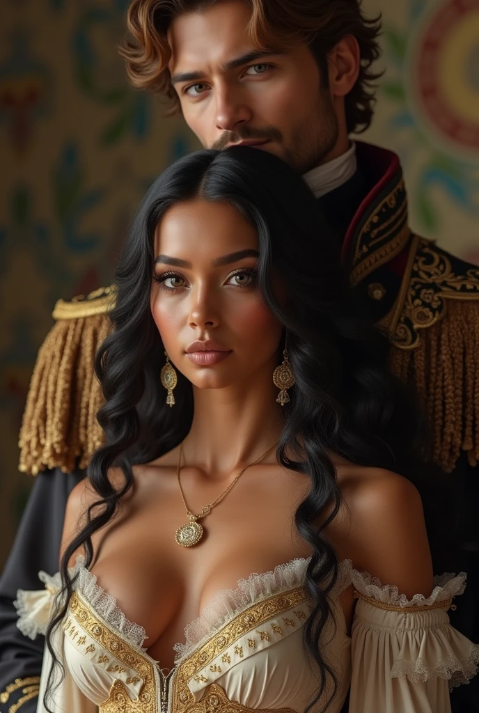 20 year old woman sculpted to perfection with large breasts dressed in Victorian era, innocent face black hair Apache and English descent green eyes and cinnamon skin, Behind her back is a handsome 30-year-old prince with a perfect body and is culturally strong., white skin with brown hair and blond undertones, an extremely manly face elegantly dressed in his typical royal attire, blue eyes.