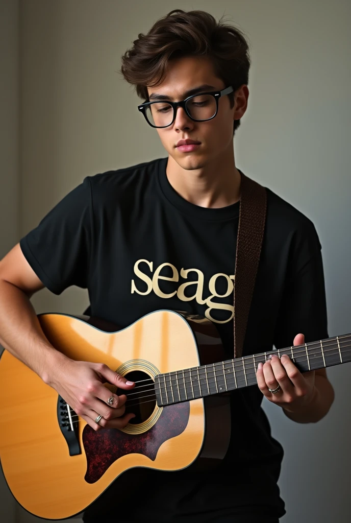 A handsome boy playing acoustic guitar, wearing ring on his middle finger wearing glasses and a black t-shirt and written "SEAG" on guitar, t-shirt and ring with realistic text