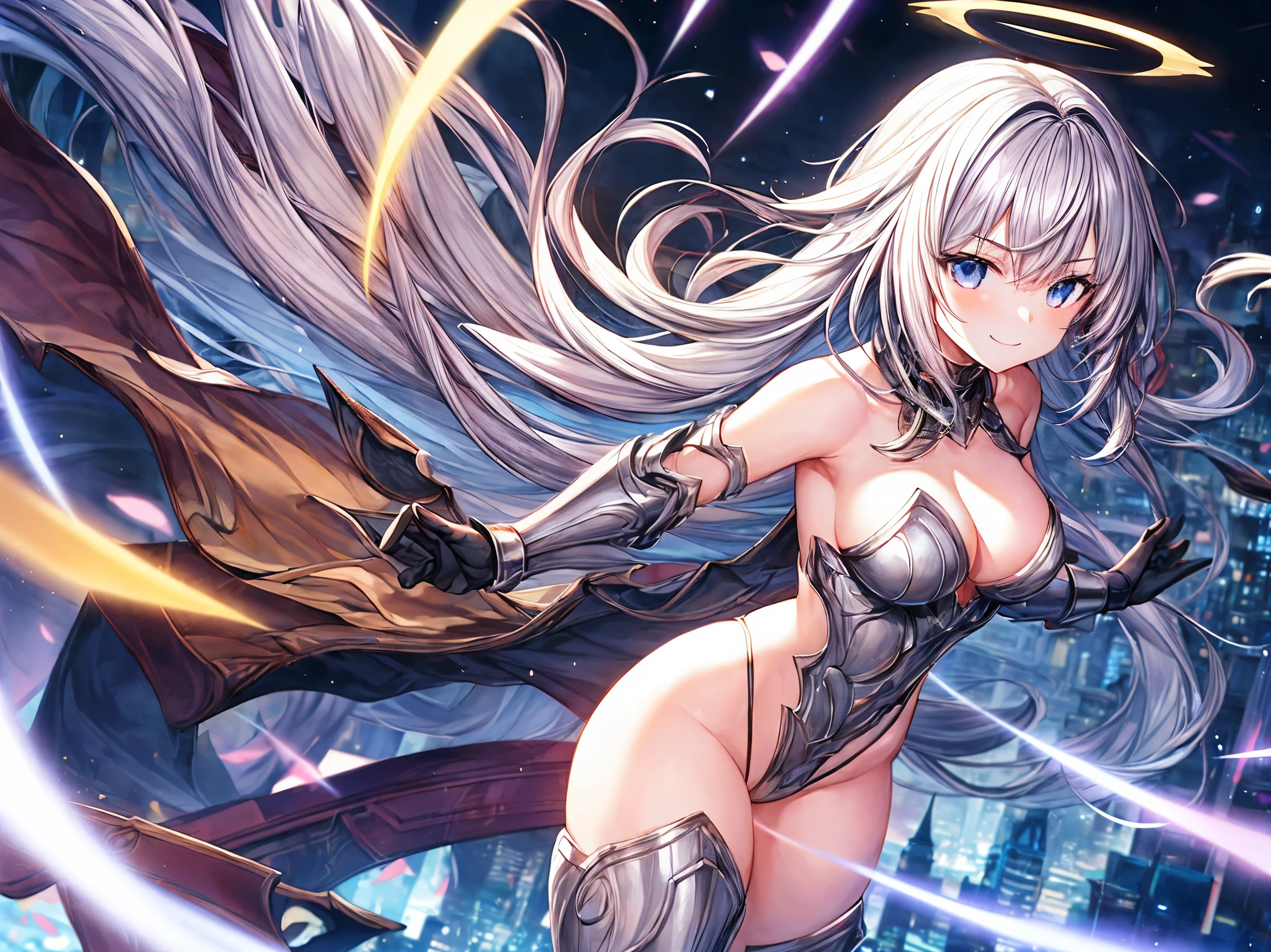 fantasy, 1angel_girl,(young_:1.5), ,brown_hair, medium_bob_hair, long_bangs, halo,bare_shoulder,thighhighs,silver_armor, waist_armor, large_breasts,1pair_wings, dynamic_pose_fighting,floating, bare_crotch, headgear,gauntlet, greaves,city_landscape_background,slightly_spread_legs, solo, groin_naked,smile