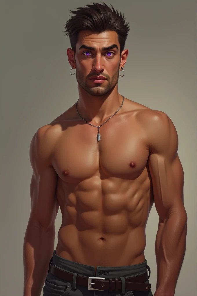 tanned man, cupid mouth and reddish, Straight Nose, eyes in bright purple color, defined jaw, straight eyebrows, defined body without beard and mustache 